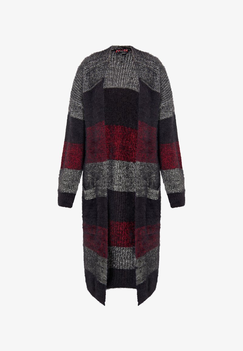 Ilgas kardiganas su laisvu siluetu, puošiamas pakaitomis pilkomis, tamsiai raudonomis ir tamsiai mėlynomis dryžiais. Tekstūruota megztinė su dviem šoninėmis kišenėmis.