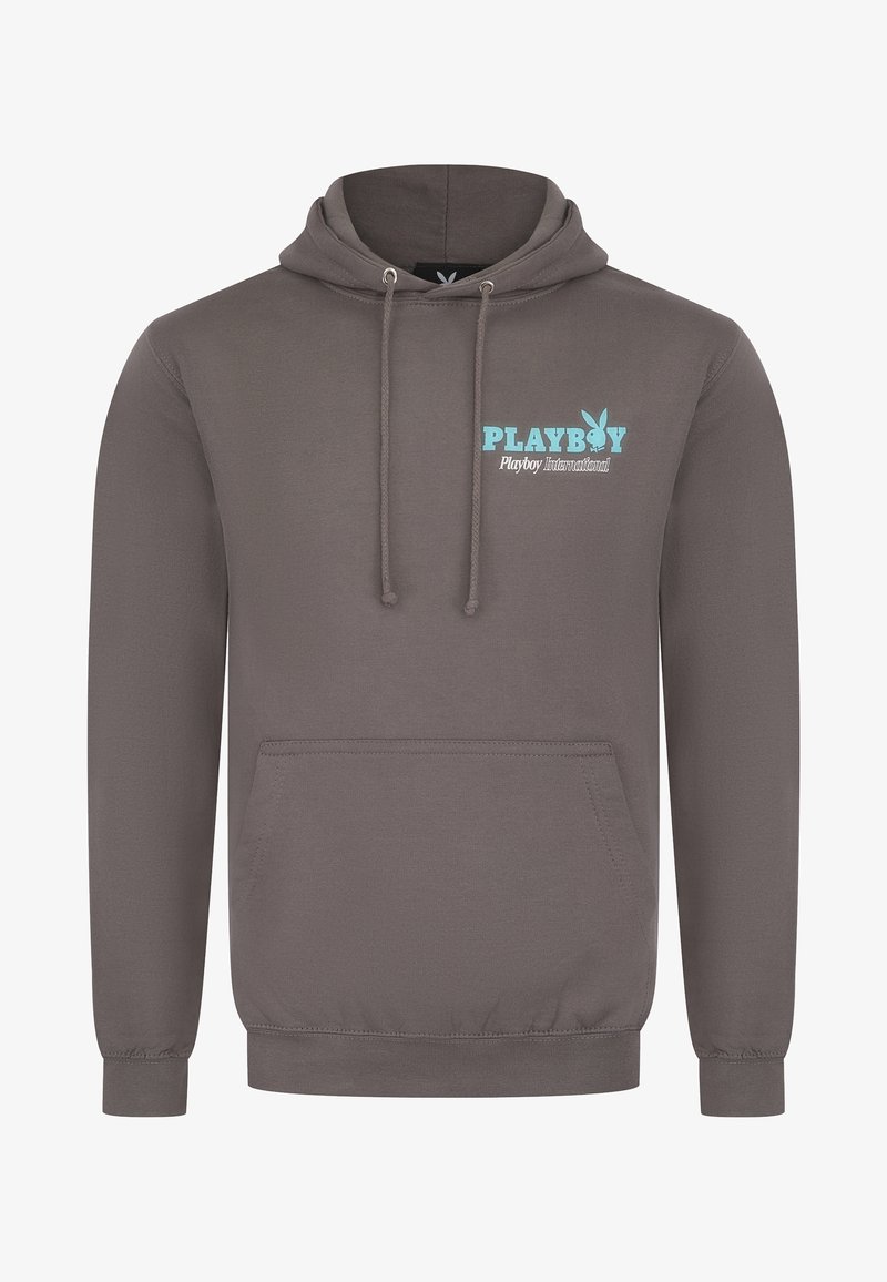 Gray hoodie made from soft fabric, featuring a kangaroo pocket, drawstring hood, and light blue "PLAYBOY" logo on the chest.