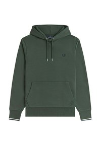 Felpa verde con cappuccio realizzata in tessuto morbido, con tasca a marsupio, coulisse regolabili e un piccolo logo ricamato sul petto.