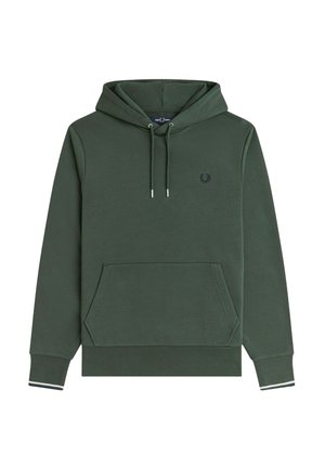 Grøn hættetrøje lavet af blødt stof med en kængurulomme, justerbare snore og et lille broderet logo på brystet.