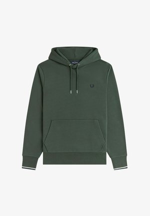 Sudadera con capucha verde hecha de tela suave, con un bolsillo tipo canguro, cordones ajustables y un pequeño logo bordado en el pecho.