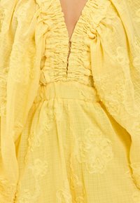 Robe jaune avec un col et des manches froncés, ornée de détails texturés floraux et une taille cintrée, confectionnée en tissu léger et transparent.