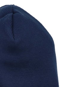 Navy beanie hat made of ribbed knit fabric. Tapered shape with a smooth texture and a stitched top seam detail.