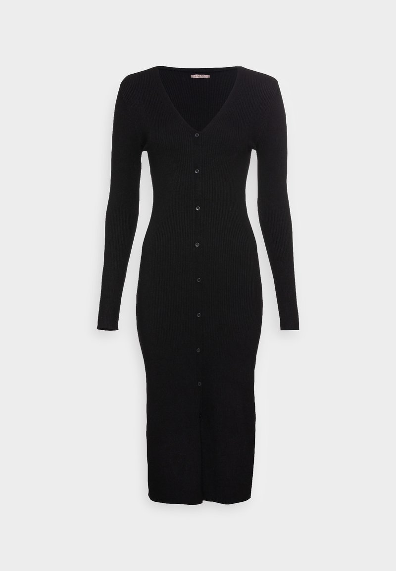 Robe midi noire en maille côtelée à manches longues, col en V et fermeture à boutons sur le devant.