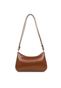 Borsa a spalla in pelle marrone con texture liscia, forma curva e doppi manici regolabili. Presenta una chiusura con zip per un'archiviazione sicura.