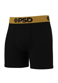 Boxer neri con una fascia in vita dorata a contrasto con il logo "PSD". Tessuto liscio dal design aderente senza motivi visibili.