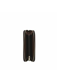 Portafoglio con zip in pelle scura con interno beige, presenta una zip in metallo color oro e diversi scomparti per l'organizzazione.