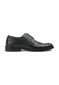 Men's black leather dress shoe with perforated detailing, a rounded toe, and a stacked heel. Features a lace-up design for secure fit.