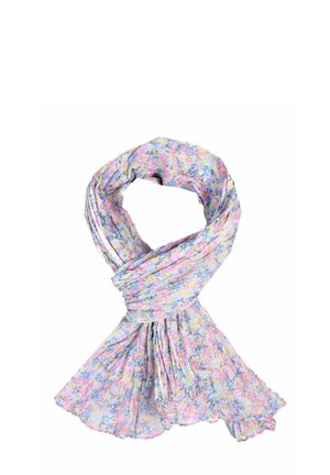 Blumenschal aus weichem, leichtem Stoff in Rosa-, Blau- und Gelbtönen. Mit einer plissierten Textur und einem fließenden Design.