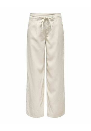 Beżowe spodnie o szerokich nogawkach z przednimi kieszeniami, szlufkami na pasek i zawiązanym materiałowym paskiem w talii.