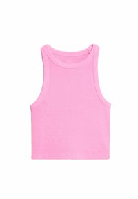 Top de algodón rosa sin mangas con textura de canalé, presenta aberturas amplias en las mangas y un escote redondo; diseño simple y sin mangas.