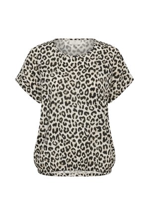 Trumpomis rankovėmis smėlio spalvos palaidinė su juodais ir rudos spalvos leopardų raštais, apvalia iškirpte ir surinktu apdaila apačioje.