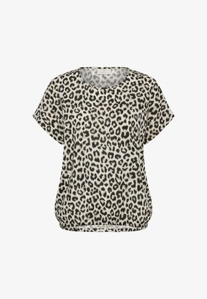 Beige Kurzarmbluse mit schwarzem und braunem Leopardenmuster, rundem Ausschnitt und gerafftem Saum.