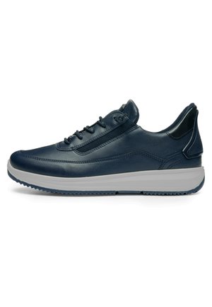 Navy blue leather sneaker with black accents, white thick sole, lace-up closure, and textured outsole viewed from the side.