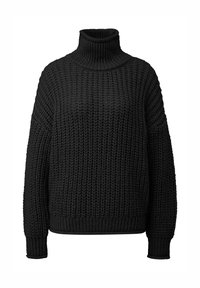 Zwart gebreide trui met een hoge col, brede mouwen en een gestructureerd patroon. Geribbelde randen bij de manchetten en zoom. Casual pasvorm.