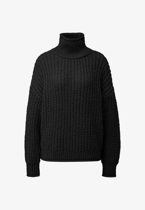 Czarny dzianinowy sweter z wysokim golfem, szerokimi rękawami i teksturowanym wzorem. Mankiety i dół wykończone ściągaczem. Luźny fason.