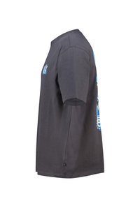 Dark gray cotton t-shirt with short sleeves and crew neckline, featuring blue graphic print on the side. Soft texture, casual fit.