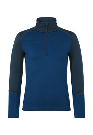 Herren Langarmpullover in Marineblau und Dunkelgrau mit Viertel-Reißverschluss, hohem Kragen und tailliertem Schnitt.