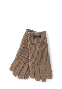 Een paar geribbelde, bruine gebreide handschoenen met omgevouwen manchetten en een zwart Strellson merklabel op één manchette, weergegeven op een witte achtergrond.