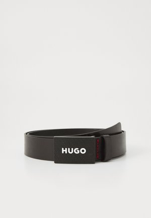 Black leather belt with a textured black and white buckle featuring the logo "HUGO" and a red accent detail.