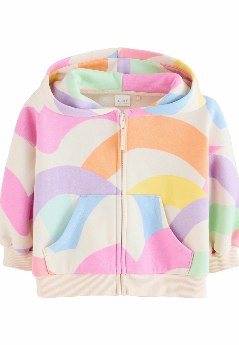 Hooded zip-up jacket with pastel abstract rainbow patterns in pink, orange, purple, blue, yellow, and green, front pockets, and ribbed cuffs.