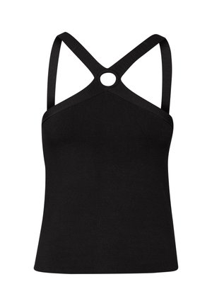 Canotta nera con un design aderente, caratterizzata da ampie spalline incrociate e un accento circolare sul colletto. Texture liscia, cuciture minime.