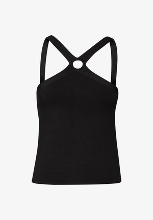Schwarzes Tanktop mit tailliertem Design, das breite, überkreuzte Träger und einen kreisförmigen Akzent am Ausschnitt aufweist. Glatte Textur, minimale Nähte.