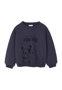 Marinblaues Sweatshirt mit rundem Halsausschnitt und langen Ärmeln. Mit einem schwarzen Grafikdruck von zwei Cartoon-Charakteren und dem Text "Beste Freunde FÜR IMMER" in Schwarz.