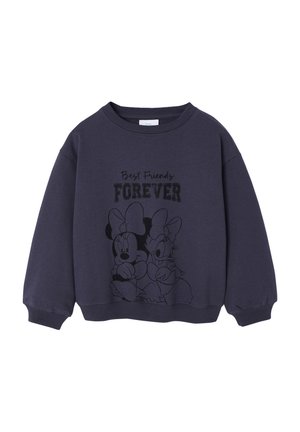 Marinblaues Sweatshirt mit rundem Halsausschnitt und langen Ärmeln. Mit einem schwarzen Grafikdruck von zwei Cartoon-Charakteren und dem Text "Beste Freunde FÜR IMMER" in Schwarz.