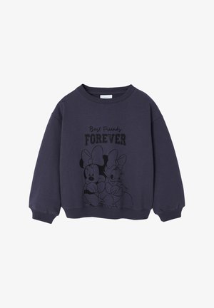 Navy sweatshirt with round neckline and long sleeves. Features a black graphic of two cartoon characters and text "Best Friends FOREVER" in black.