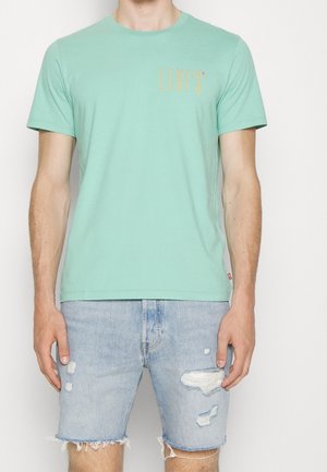 Homme portant un t-shirt Levi’s vert clair et un short en jean bleu clair usé, debout devant un fond blanc uni.