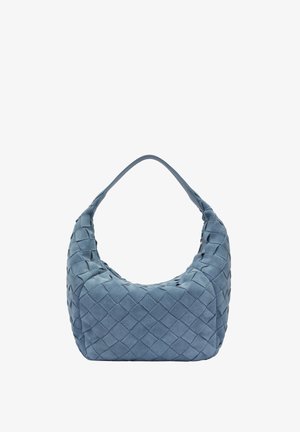 Borsa a mano in camoscio blu con motivo quadrato intrecciato e una singola tracolla, progettata per essere portata sulla spalla o a mano.