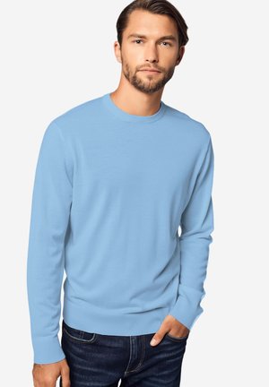 Mann mit kurzem braunem Haar und Bart, der einen hellblauen Pullover mit Rundhalsausschnitt und dunkle Jeans trägt und mit einer Hand in der Tasche posiert.