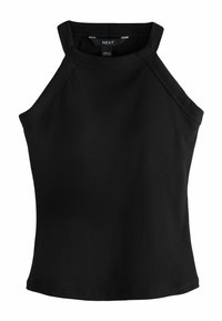 Top noir sans manches en maille côtelée avec un col rond haut et des bretelles style halter, étiqueté "Next", fabriqué au Sri Lanka.