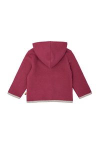 Fleece-Hoodie in tiefem Pink mit grauen Akzenten. Verfügt über lange Ärmel und eine Rückansicht, die die weiche Textur und das schlichte Design betont.