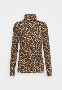 Rolák s dlouhým rukávem s leopardím vzorem v odstínech hnědé a béžové. Hladká textura, přiléhavý střih, vysoký límec a elegantní silueta.