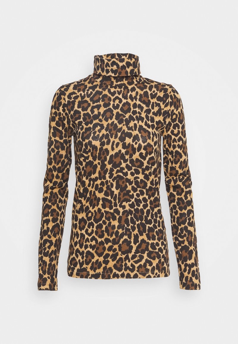 Rolák s dlouhým rukávem s leopardím vzorem v odstínech hnědé a béžové. Hladká textura, přiléhavý střih, vysoký límec a elegantní silueta.