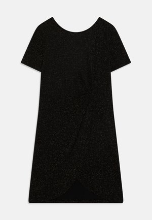 Rochie scurtă neagră cu mâneci scurte și decolteu rotund, având un detaliu legat în față și un model texturat cu stropi aurii.