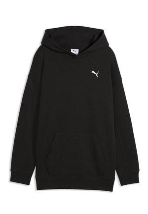 Sweat à capuche noir avec poche kangourou à l'avant et petit logo blanc Puma sur le côté gauche de la poitrine, avec une grande capuche et des manches longues.