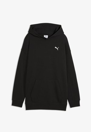 Sweat à capuche noir avec poche kangourou à l'avant et petit logo blanc Puma sur le côté gauche de la poitrine, avec une grande capuche et des manches longues.