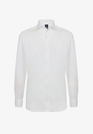 Camicia bianca a maniche lunghe realizzata in tessuto liscio, con colletto classico e chiusura frontale con bottoni, dal design semplice e senza motivi.