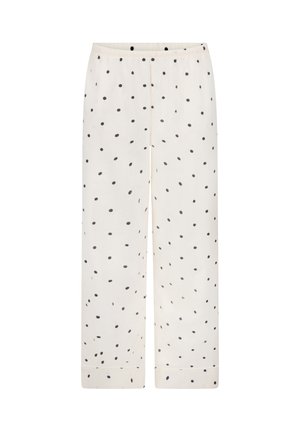 Leichte cremefarbene Hosen mit Kordelzug in der Taille, versehen mit einem Muster aus kleinen schwarzen Punkten, geraden Beinen und umgeschlagenen Bündchen.