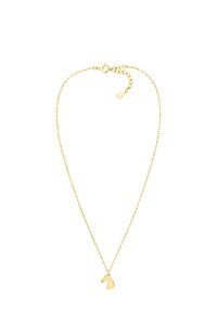 Goldene Halskette mit einer zarten Kette und einem Pferdekopf-Anhänger, der eine glatte Oberfläche hat und einen Verschluss mit einer Verlängerungskette bietet.