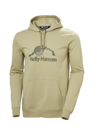 Světlý khaki mikina s klokaní kapsou, kapucí na šňůrky a grafickým designem s horami a sluncem. Hladký bavlněný materiál.