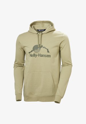 Licht khaki hoodie met een kangaroo zak, een capuchon met trekkoord en een grafisch ontwerp met bergen en een zon. Gladde katoenen stof.