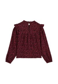 Raudona ir juoda leopardų rašto palaidinė, ilgomis rankovėmis, raukinėtomis pečių detalėmis, su raktažo apdaila nugaroje, tekstūruotas audinys, laisvas siluetas.