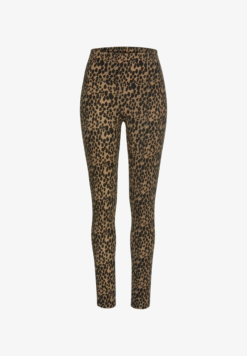 High-waist leggings with a brown and black leopard print pattern, fitted through the legs, on a plain white background.