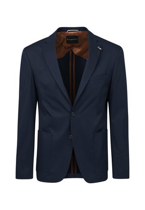 Blazer blu navy con una texture liscia, due tasche frontali, revers a punta e foderato in satin marrone con righe verticali.