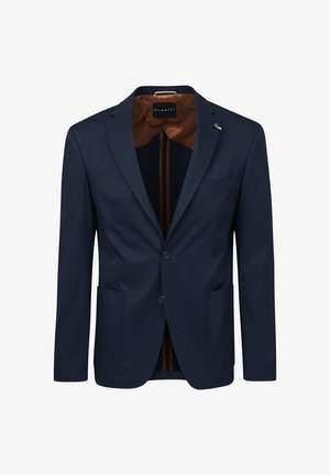 Navy blue blazer with a smooth texture, two front pockets, notched lapels, and a brown satin lining featuring vertical stripes.