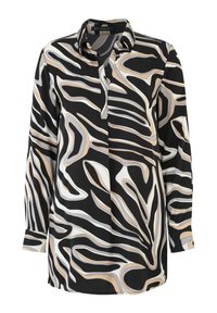 Schwarze Bluse mit einem Kragen, die ein abstraktes Wellenmuster in Beige, Weiß und Grau aufweist, hergestellt aus weichem, glattem Stoff.